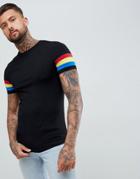 Asos Design Muscle T-shirt With Curved Hem And Bright Contrast Sleeve Panel In Black - Black