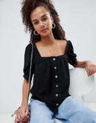 Asos Design Button Through Square Neck Top - Black