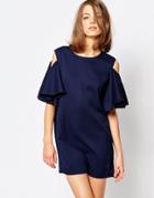 Sister Jane Cold Shoulder Volante Dress With Frill Sleeve - Navy