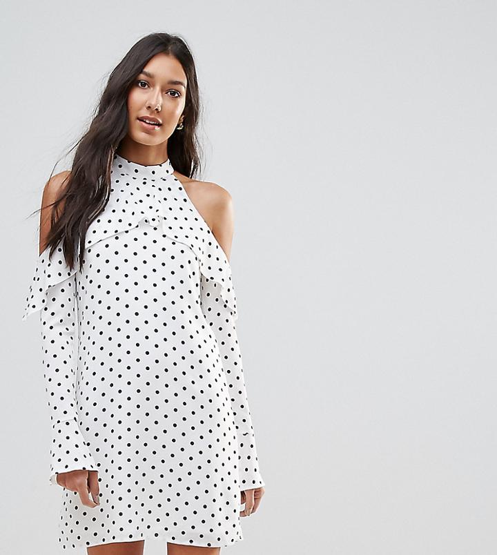 Oh My Love Tall Halterneck Frill Long Sleeve Shift Dress In Polka Dot - Multi