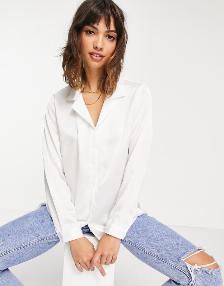 Asos Design Relaxed Satin Long Sleeve Shirt In Cream-white