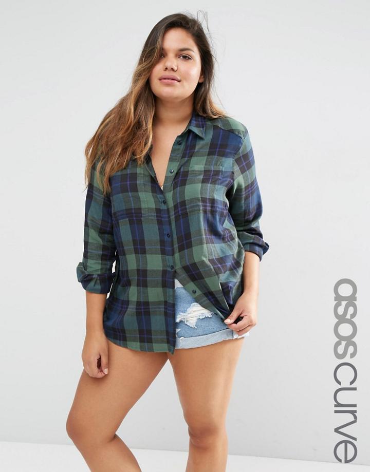 Asos Curve Boyfriend Shirt In Green Check - Multi
