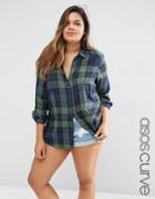 Asos Curve Boyfriend Shirt In Green Check - Multi
