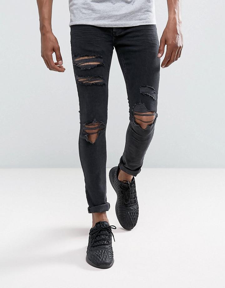 Mennace Super Skinny Jeans With Piercing Detail In Washed Black - Black