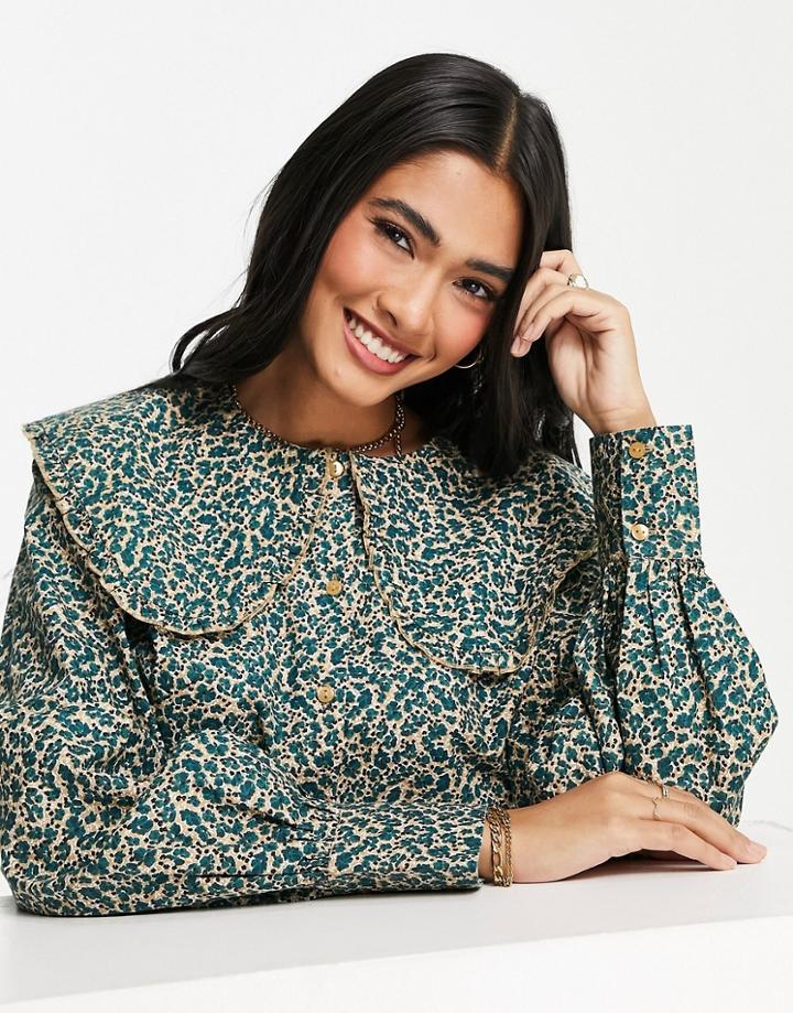 Vero Moda Organic Cotton Blouse With Frill Bib And Balloon Sleeves In Green Ditsy Floral-multi