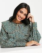 Vero Moda Organic Cotton Blouse With Frill Bib And Balloon Sleeves In Green Ditsy Floral-multi