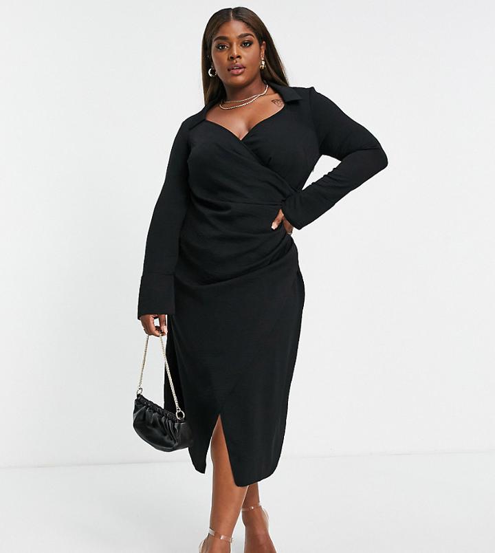 Asos Design Curve 70s Drape Front Wrap Midi Dress In Black