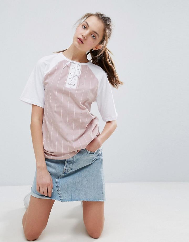 Asos T-shirt With Lace Up Detail And Block Stripe - Multi