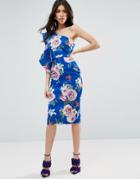 Asos Floral Ruffle Scuba One Shoulder Midi Dress - Blue