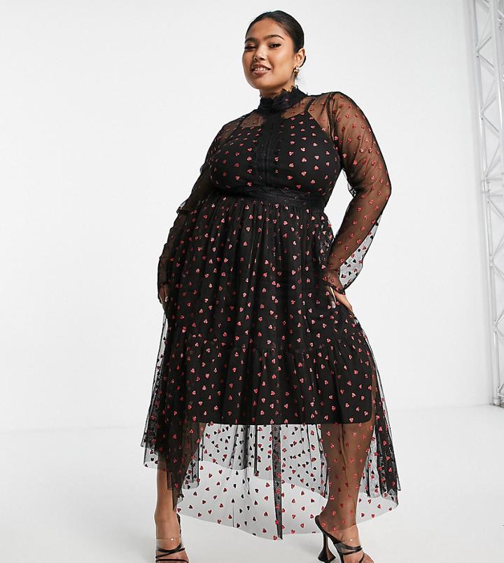Lace & Beads Plus Long Sleeve Polka Dot Midi Dress With Lace Inserts In Black Heart