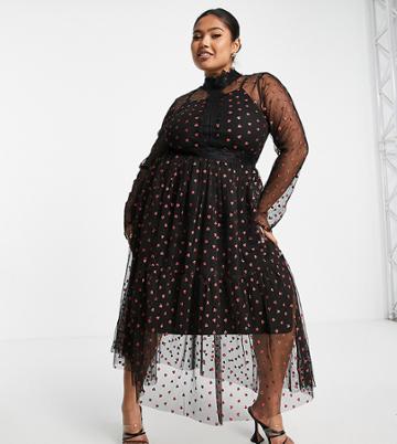 Lace & Beads Plus Long Sleeve Polka Dot Midi Dress With Lace Inserts In Black Heart