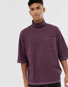 Asos Design High Neck Oversized T-shirt With Pocket And Contrast Stitching In Dark Purple-red