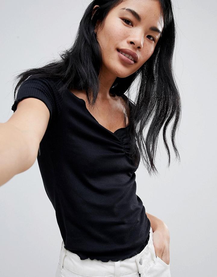 Pull & Bear Frill Edge Ribbed Tee - Black