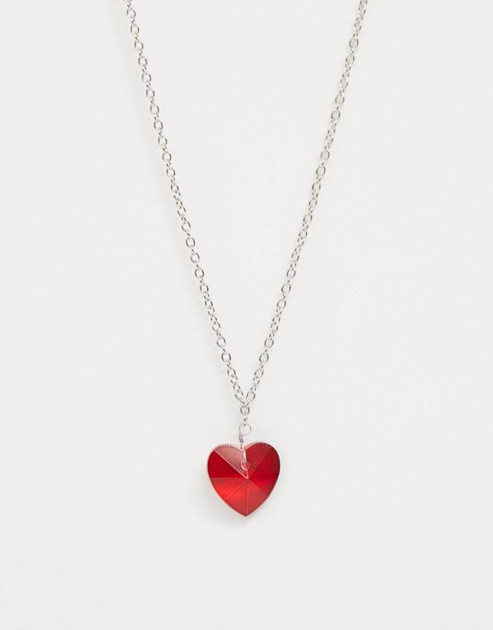 Asos Design Necklace With Jewel Heart In Silver Tone