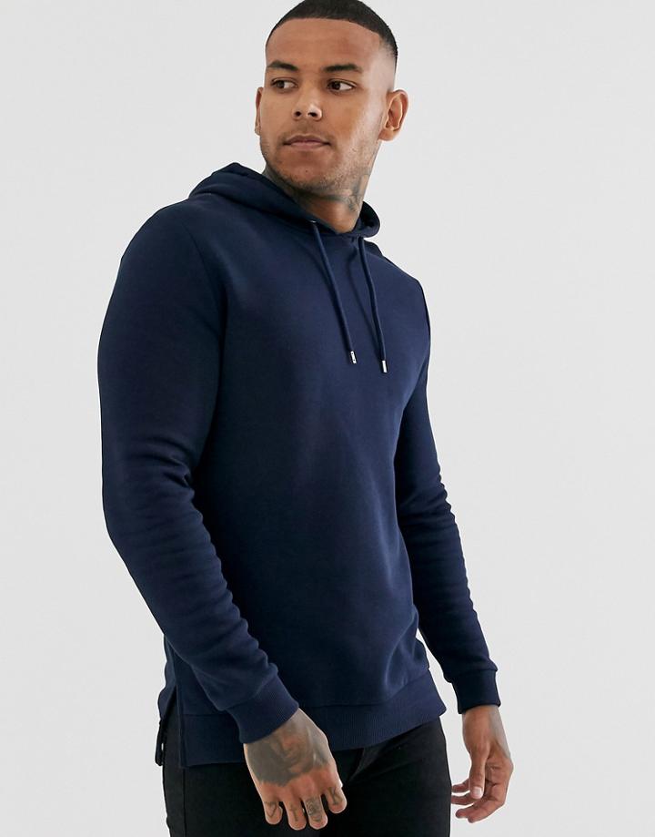 Asos Design Hoodie With Split And Dropped Hem In Navy - Navy
