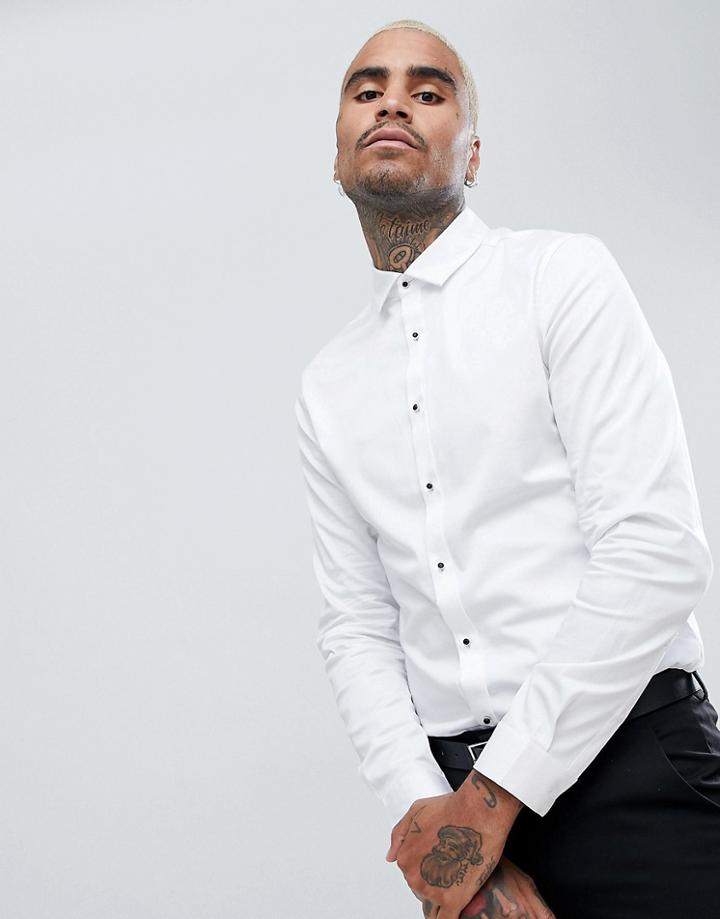 Asos Design Slim Fit Sateen Shirt With Stud Buttons - White