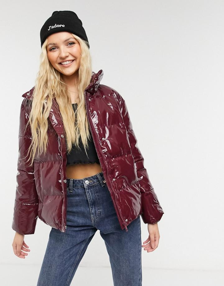 Violet Romance Vinyl Puffer Jacket In Burgundy-red