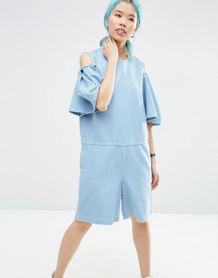 Asos White Denim Cut Out Shoulder Playsuit - Blue