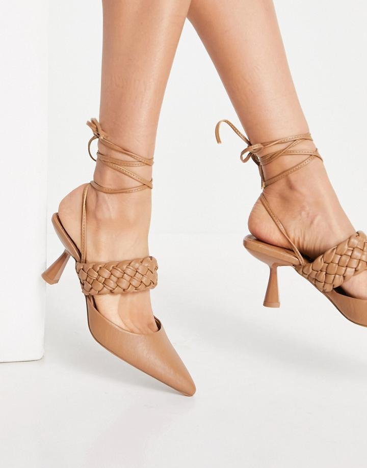 Asos Design Shani Woven Tie Leg Mid Heel Shoes In Tan-brown