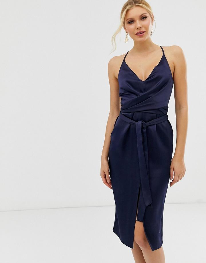 Asos Design Cami Midi Dress With Wrap Waist In Satin - Navy
