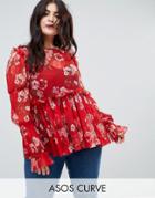 Asos Curve Ruffle Smock Blouse In Red Floral - Multi