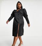 Collective The Label Curve Plunge Volume Sleeve Midi Dress In Black