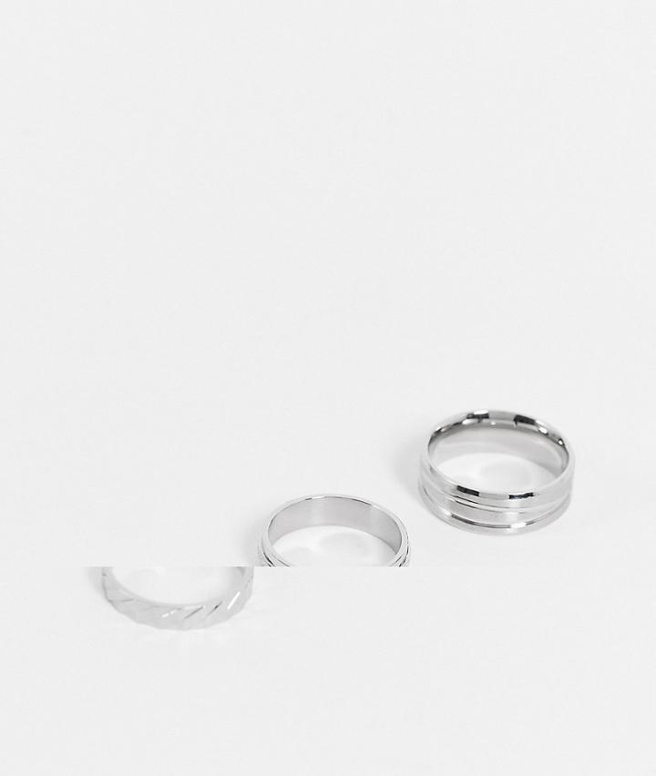 Asos Design 3-pack Stainless Steel Band Ring Set With Line Embossing In Silver Tone