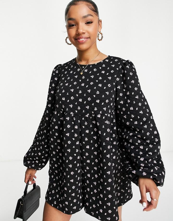 Asos Design Quilted Smock Tie Back Romper In Ditsy Floral-multi