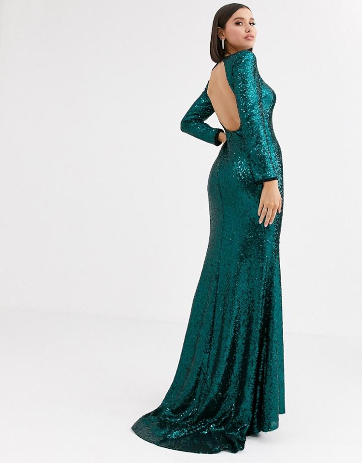 Club L London Sequin Open Back Fishtail Maxi Dress In Emerald Green
