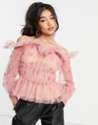 Forever U Organza Bardot Top With Love Heart Print In Pink