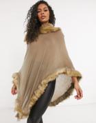 Jayley Faux Fur Trim Poncho In Tan-brown