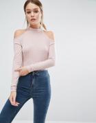 New Look Knitted Rib Cold Shoulder Sweater - Pink