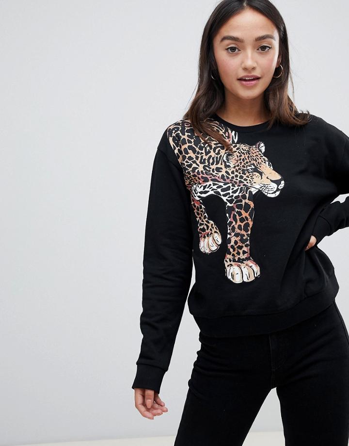 Asos Design Sweat With Leopard Placement Print - Black