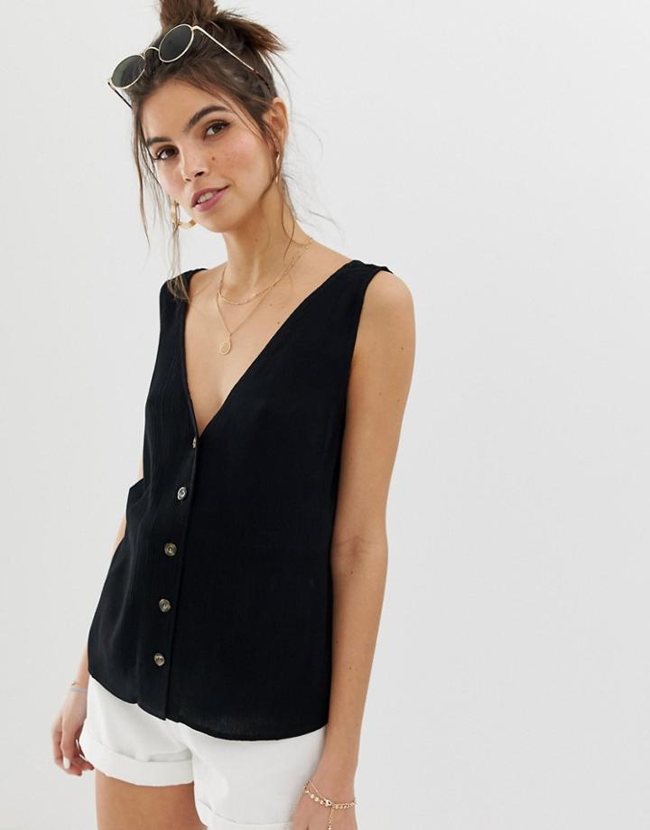 Asos Design Button Through Tank In Crinkle - Black