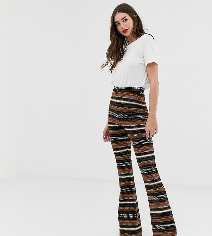 Asos Design Tall Flare Pants In Stripe Jacquard With Tortoiseshell Buckle Detail - Multi