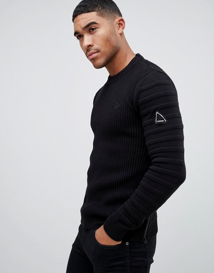 Chasin' Stuard Knitted Sweater With Biker Sleeve Detail - Black