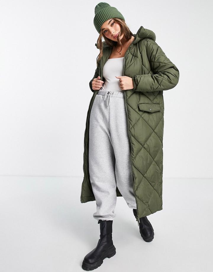New Look Quilted Longline Puffer Coat In Khaki-green