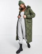 New Look Quilted Longline Puffer Coat In Khaki-green