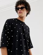Asos Design Oversized T-shirt With All-over Pearls In Heavyweight Fabric In Black - Black