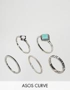 Asos Curve Pack Of 5 Turquoise Etched Stone Rings - Silver