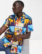 Asos Design Relaxed Camp Collar Shirt With All Over Print In Linen Look-multi