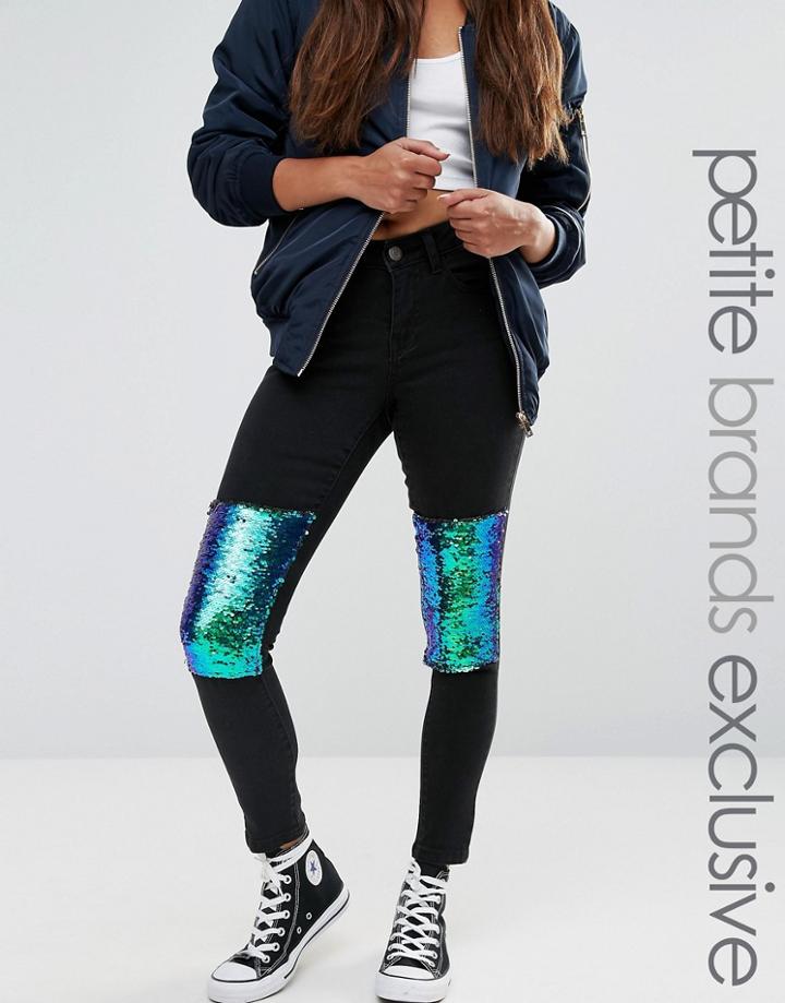Noisy May Petite Skinny Jean With Sequin Knee Patch - Black