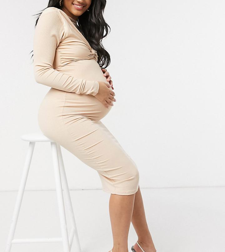 Asos Design Maternity Rib Long Sleeve Midi Dress With Twist Front In Beige-multi