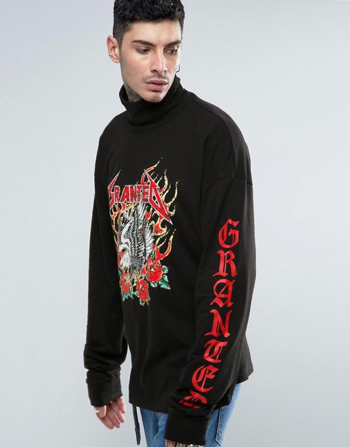 Granted Super Long Sleeve Tee With Turtleneck And Sleeve Print - Black