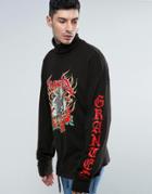 Granted Super Long Sleeve Tee With Turtleneck And Sleeve Print - Black