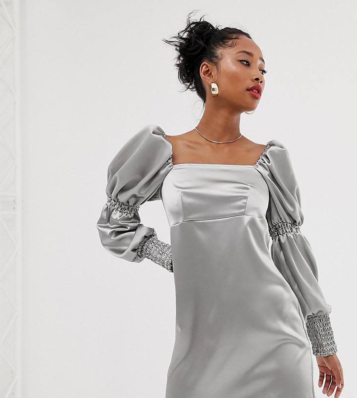 Reclaimed Vintage Inspired Mini Dress With Puff And Ruched Sleeve Detail-silver
