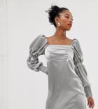 Reclaimed Vintage Inspired Mini Dress With Puff And Ruched Sleeve Detail-silver