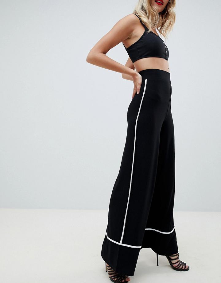 Asos Design Wide Leg Pants With Contrast Binding - Black