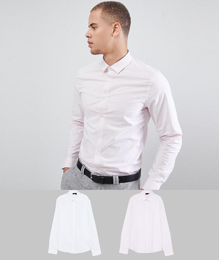 Asos Design Slim 2 Pack White & Pink Stripe Shirt Save - Multi