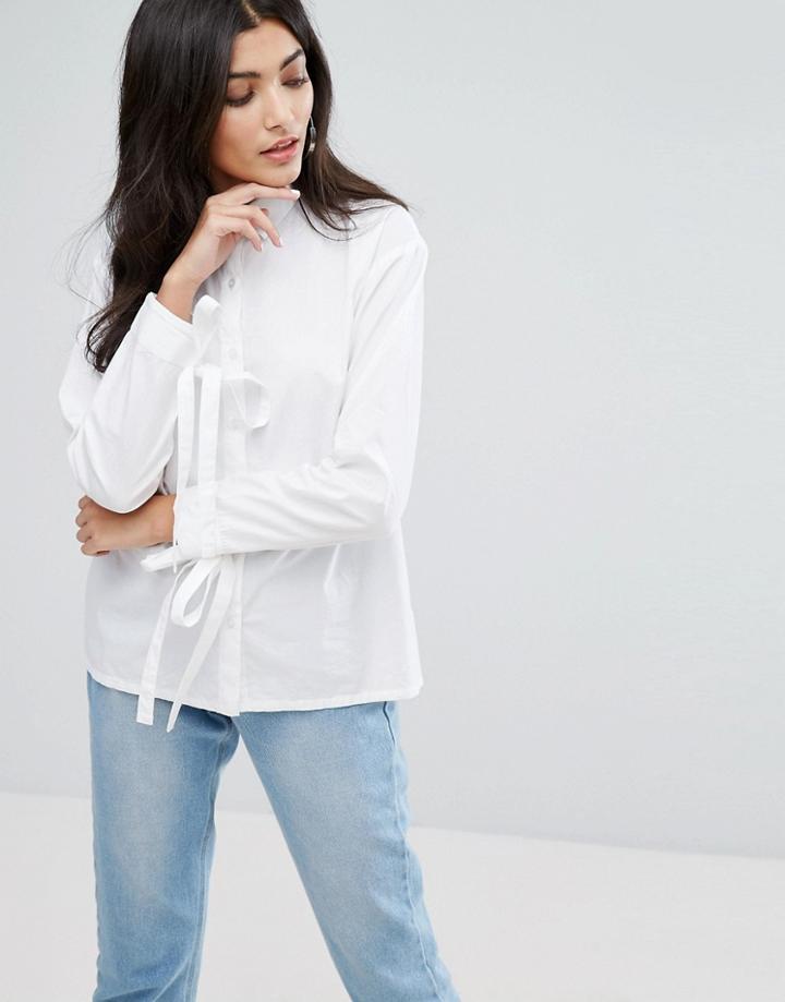 Daisy Street Relaxed Shirt With Tie Cuff Detail - White